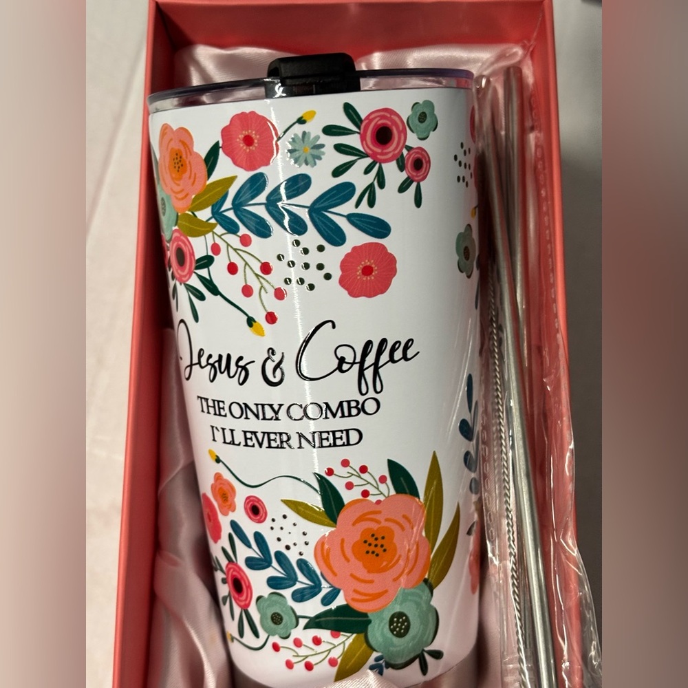 Floral Insulated Tumbler with Straw - White